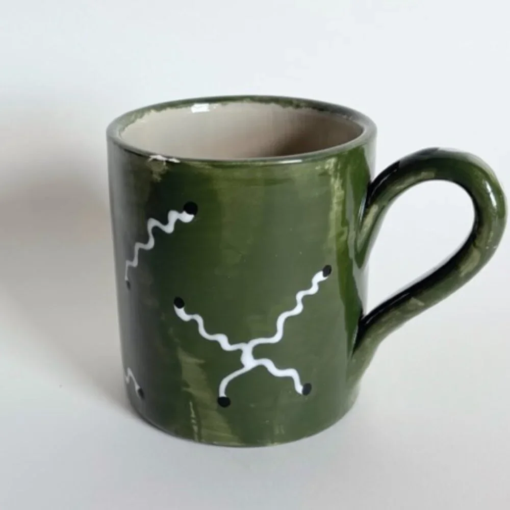 Handmade Green Ceramic Mug with Hand-Painted Scribbles and Lines - Picture 1 of 4